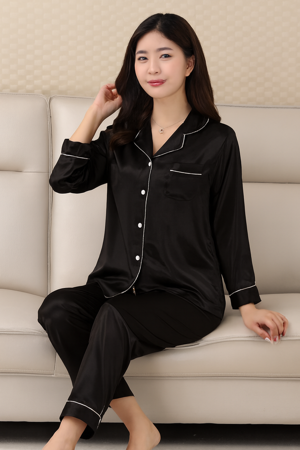 Midnight Grace Black Satin Pajama Set With Matching Scrunchies