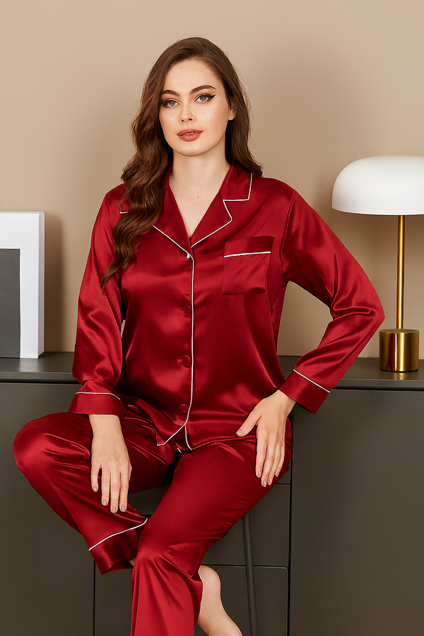 Crimson Elegance Maroon Satin Pajama Set With Matching Scrunchies