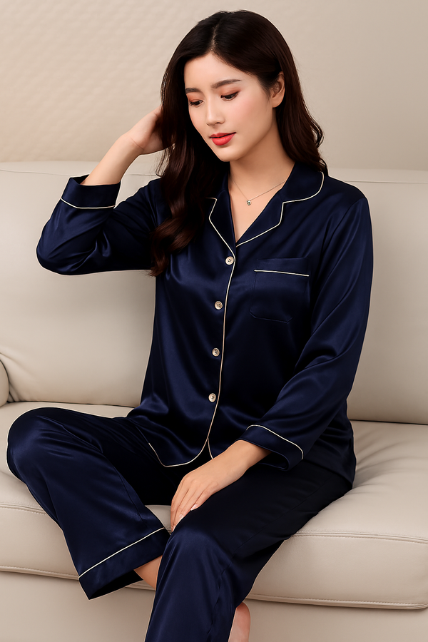 Midnight Calm Navy Satin Pajama Set With Matching Scrunchies